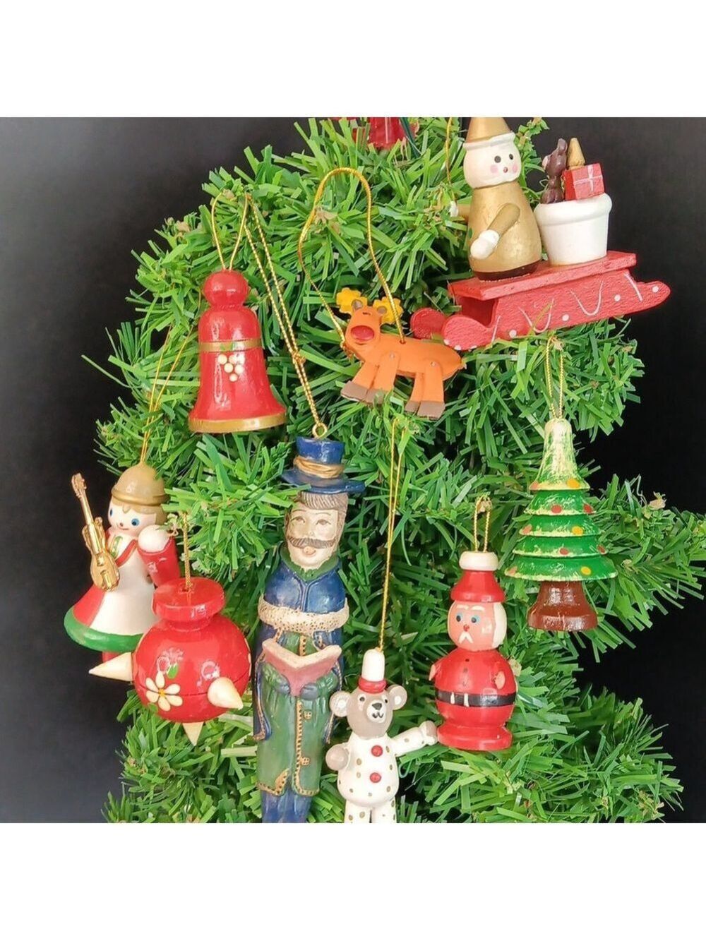 Wooden Collection Of Vintage Christmas Ornaments Hand Painted 9pcs Total